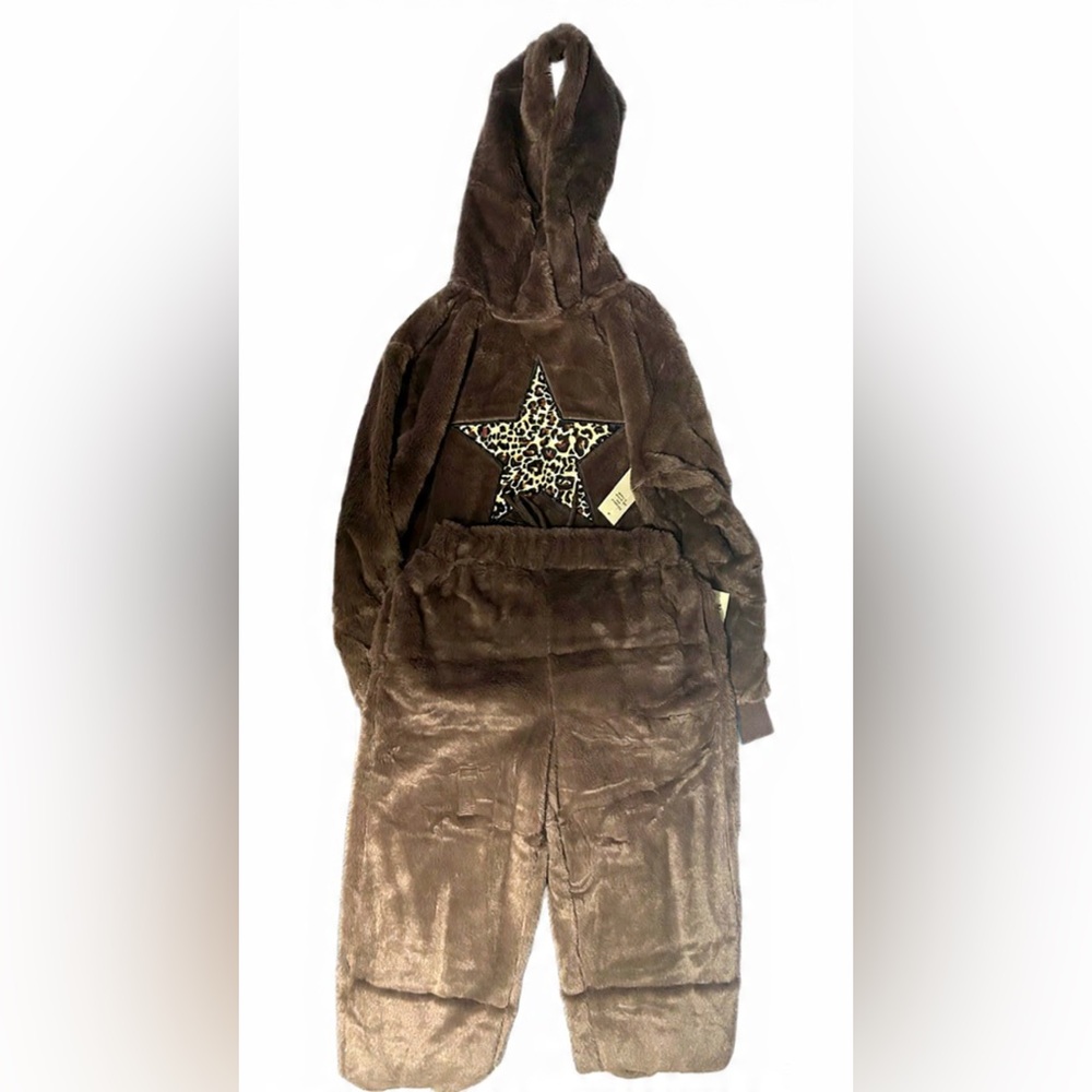 No Boundaries Chocolate Plush Hooded Pajama Set with Animal Print Star